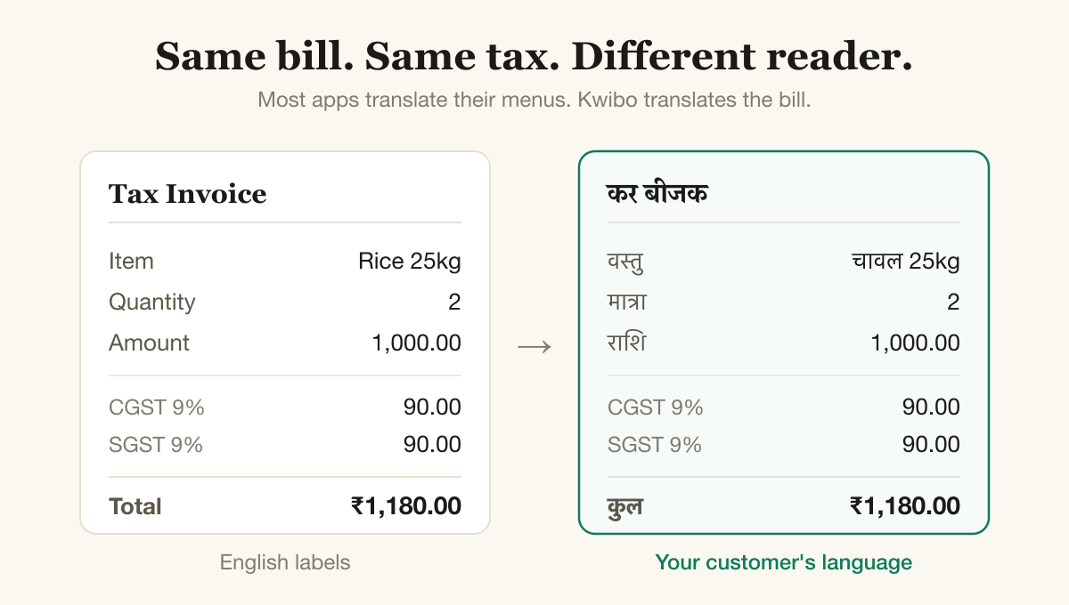 Do GST bill saath-saath: ek mein English labels jaise Tax Invoice aur CGST, doosre mein wahi labels Hindi mein.